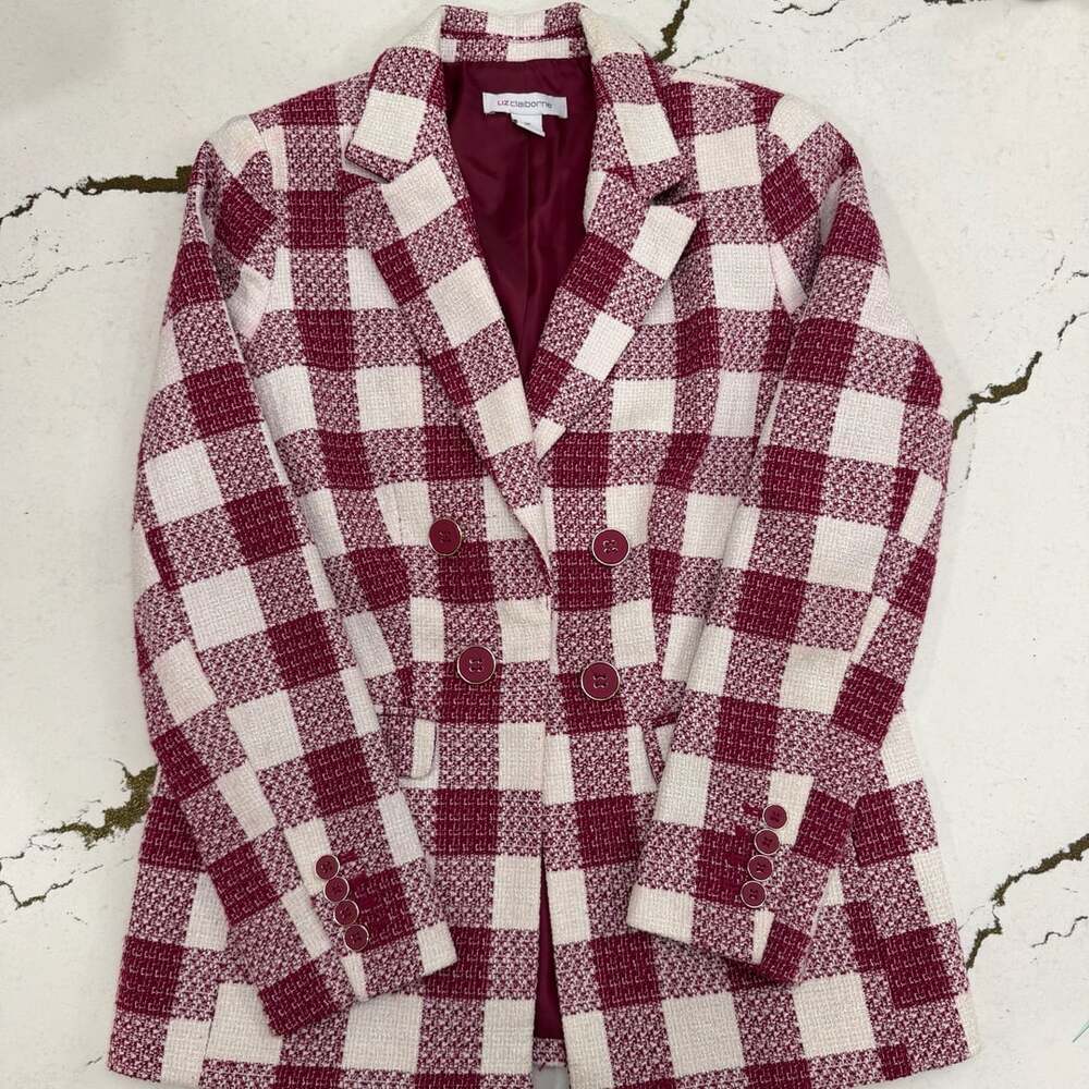 Liz Claiborne Blazer Size 2P Burgundy White Checkered Tweed